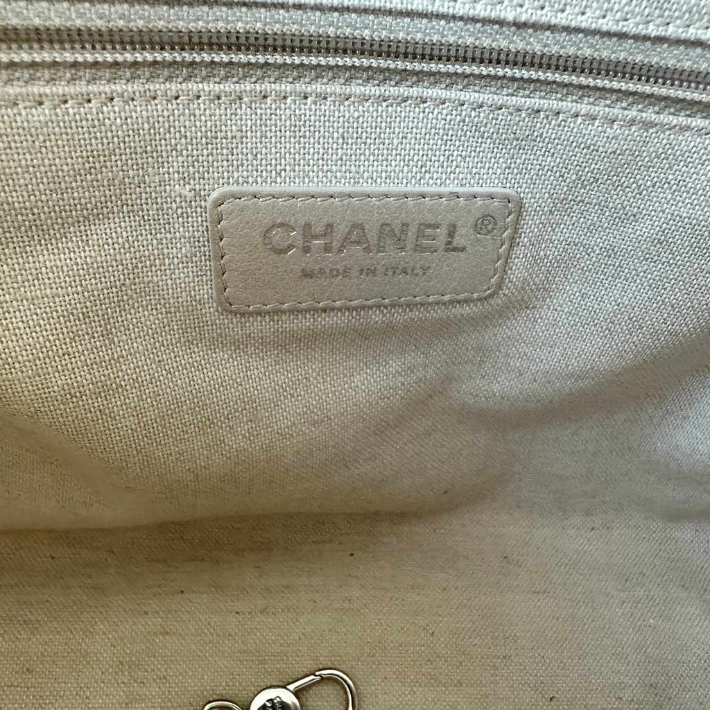 CHANEL Deauville PM Tote Bag Canvas Chain Beige Silver Metal 32cm