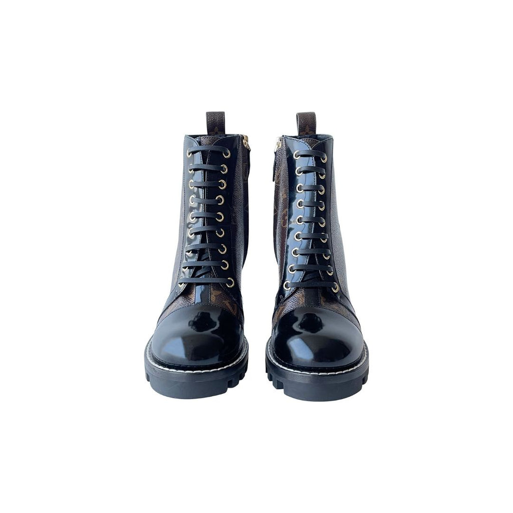 Louis Vuitton GreyBlack Monogram Patent Leather Lace Up Mid Calf Boots  Size 41 Louis Vuitton  TLC