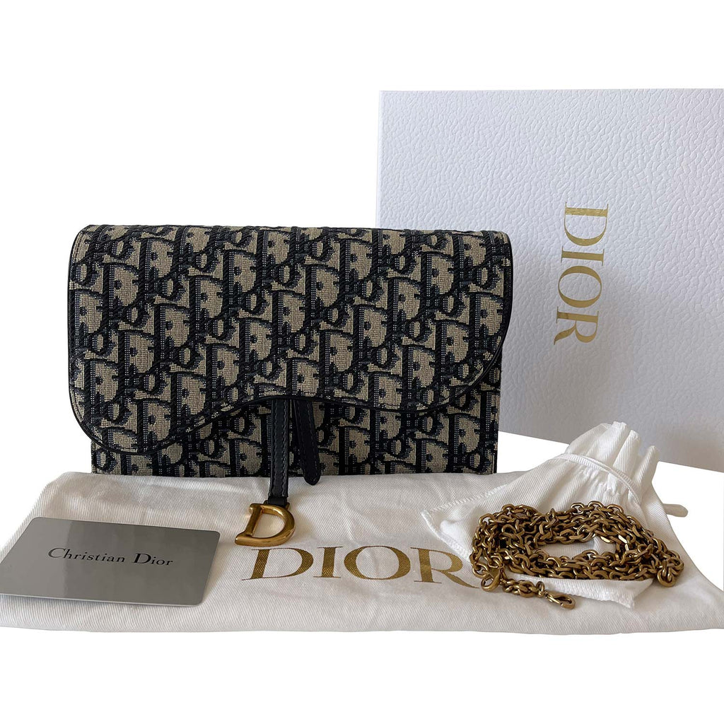 Christian Dior Lovely Dior Saddle pouch in navy blue oblique monogram  canvas, Garniture en métal argenté Cotton ref.323701 - Joli Closet