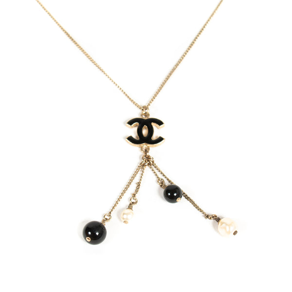 NIB Chanel Classic Necklace w CC Logo Pearl Pendant & Ruthenium  Adjustable Chain
