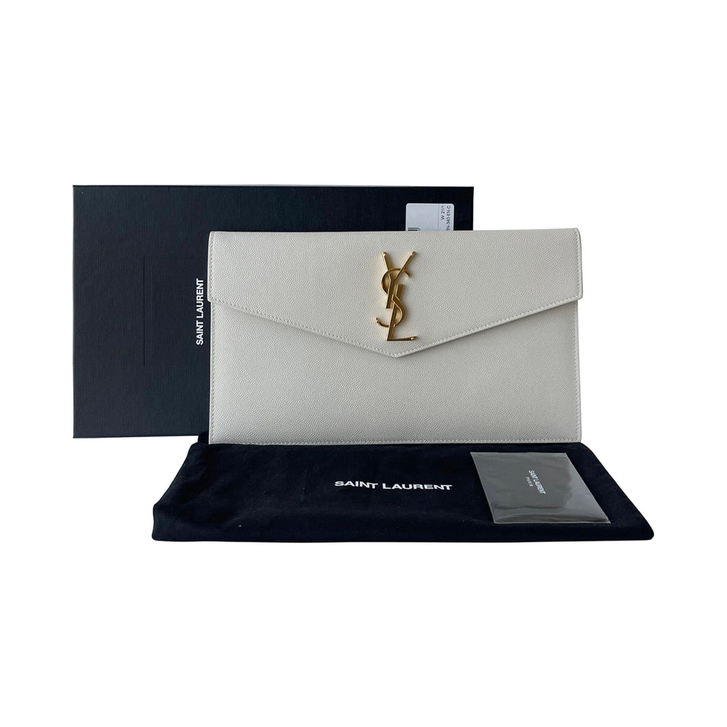 Saint Laurent Uptown Clutch Bag In White Grain De Poudre Embossed