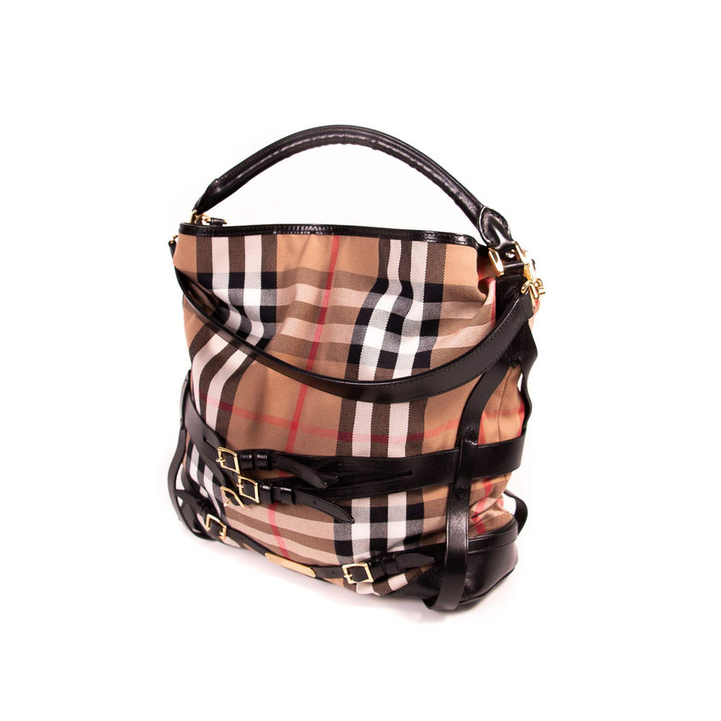 BURBERRY Bridle House Check Canvas Gosford Hobo Bag Black