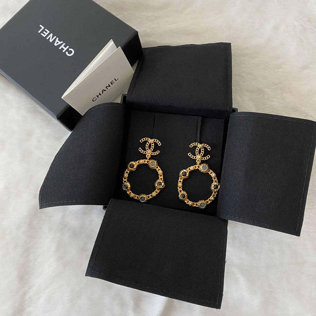 Chanel CC Logo Crystal and Pearl Drop Earrings