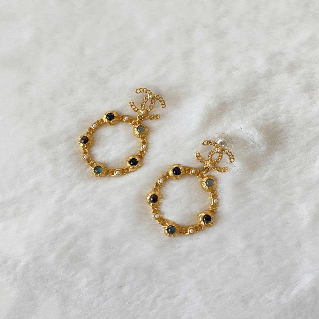 Chanel CC Logo Crystal and Pearl Drop Earrings