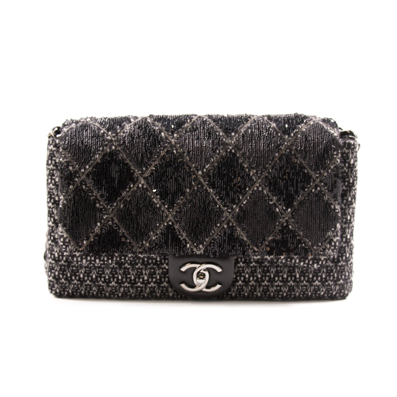 CHANEL Quilted CC Hand Bag Purse Tweed Sequins Vintage Black 2964539  S08765g