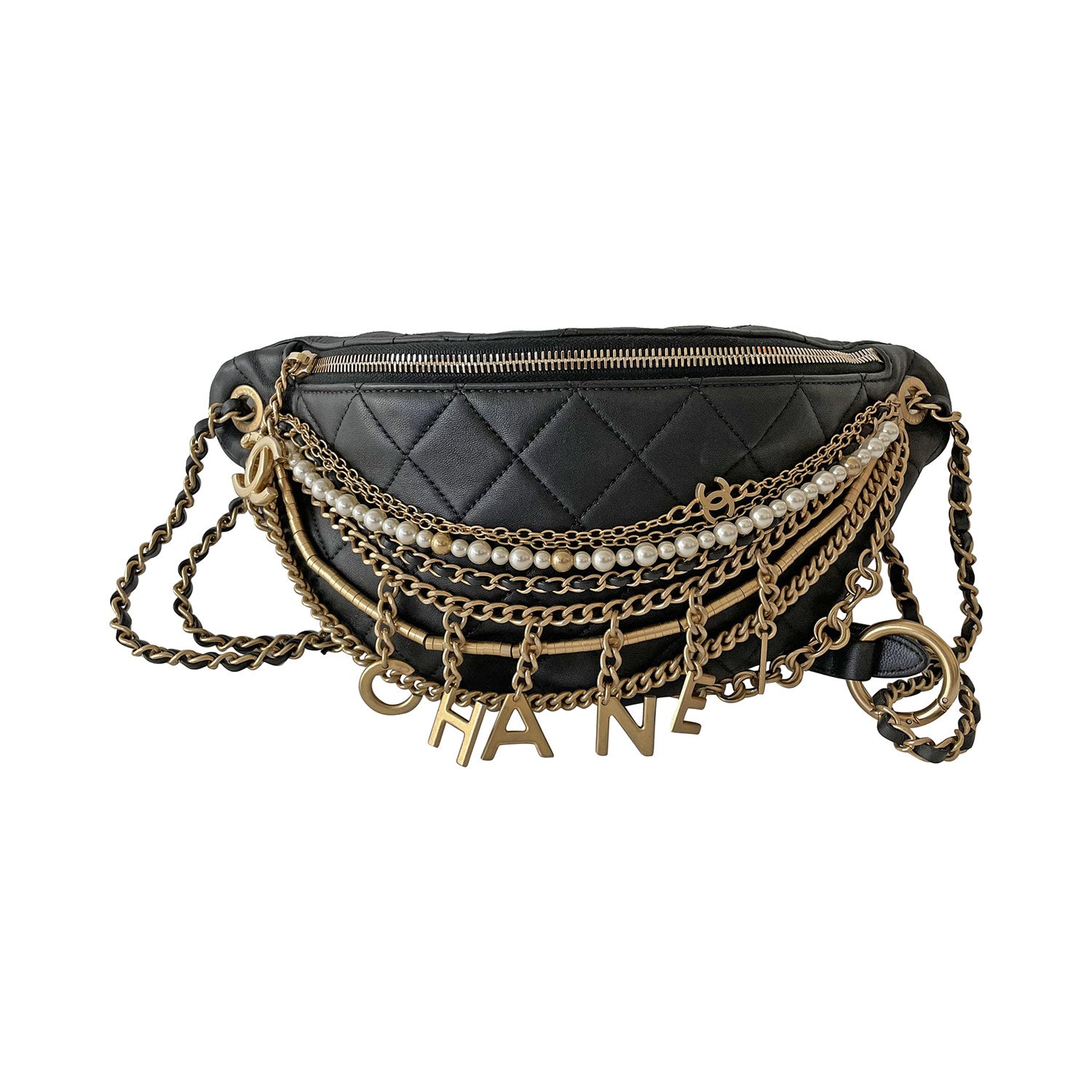 CHANEL Lambskin Quilted All About Chains Waist Belt Bag Black