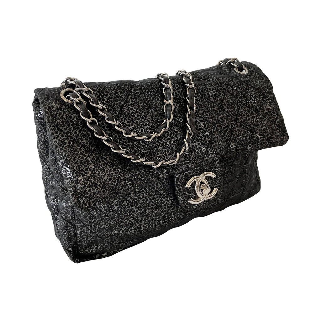 Chanel Classic Flap Sequin Chain Shoulder Bag Black/White