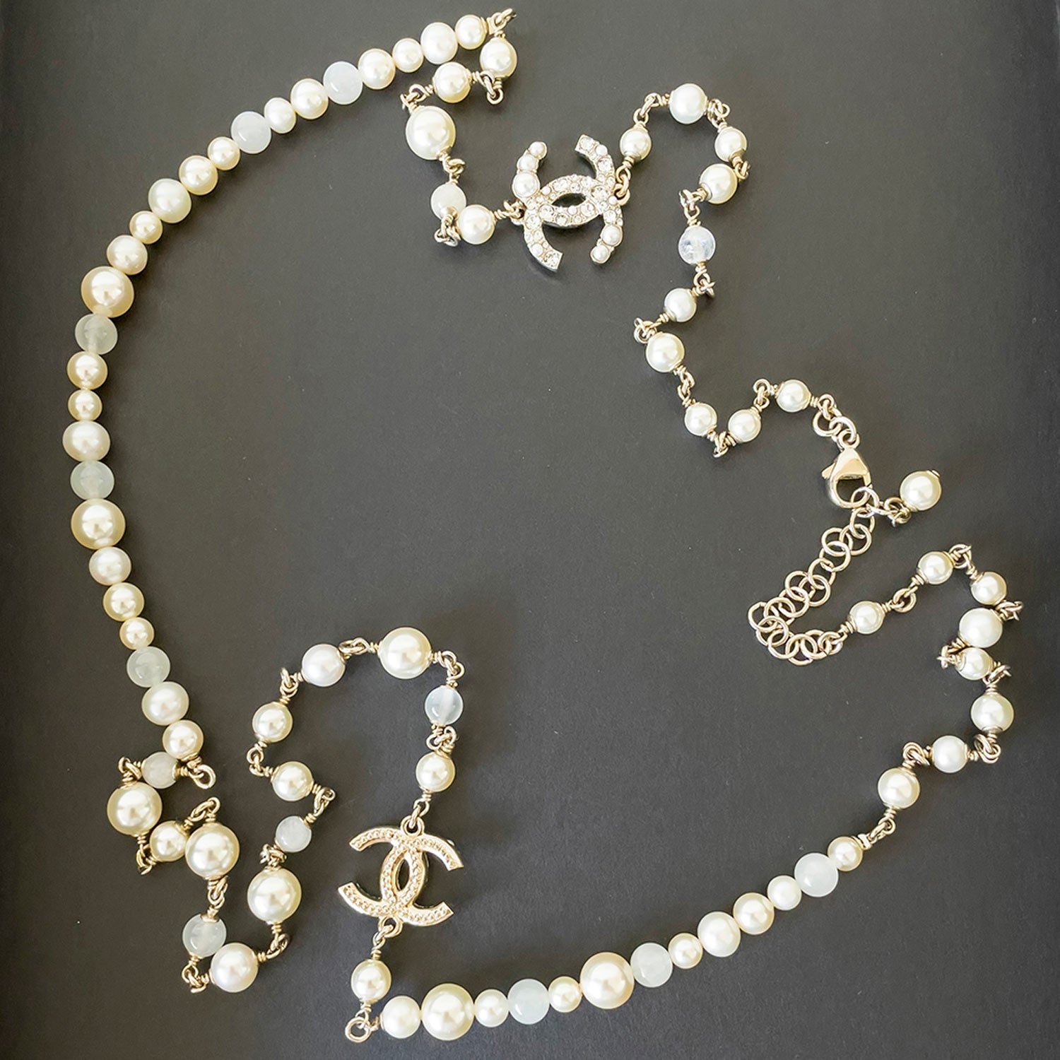 Shop authentic Chanel White Pearl Long Necklace at revogue for