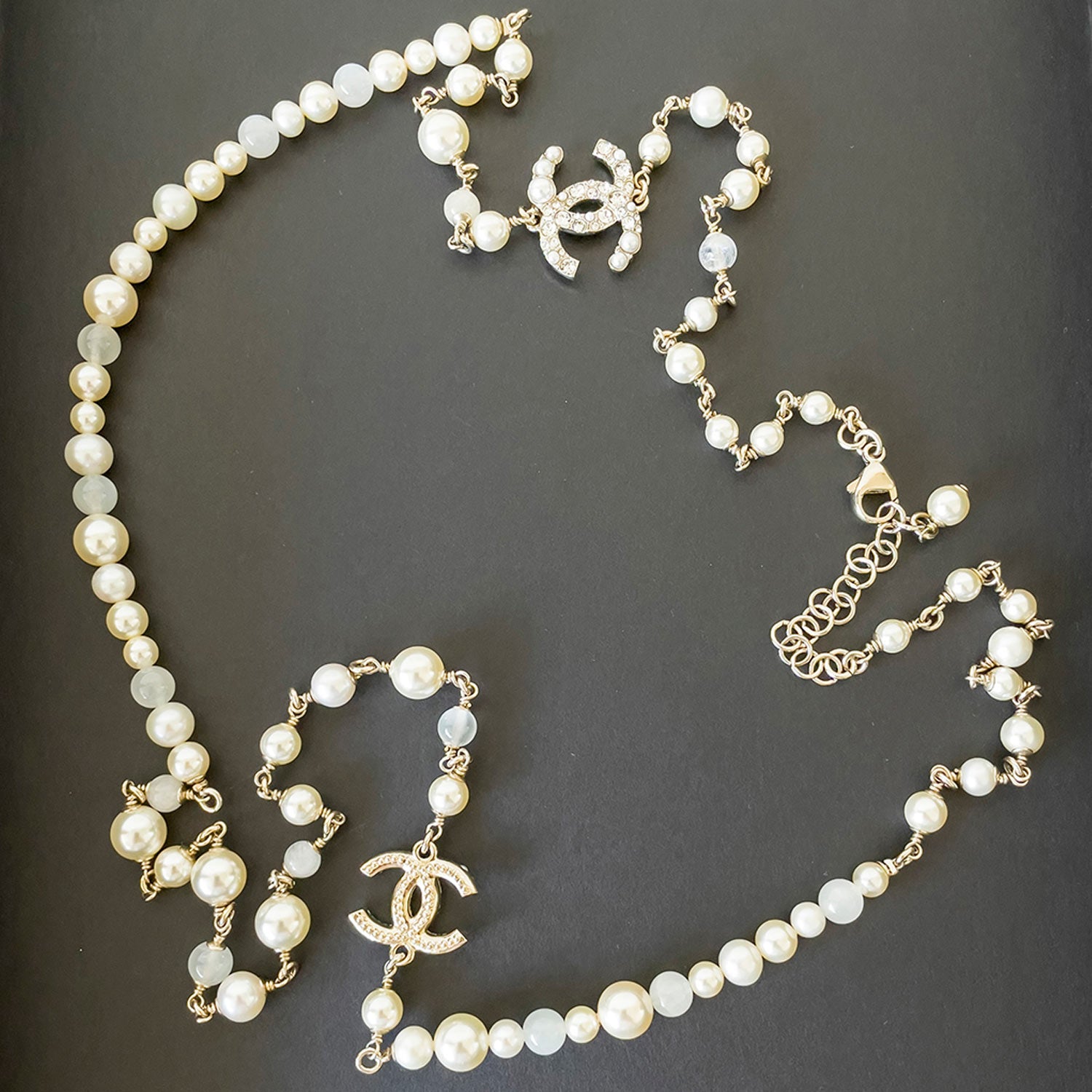 Chanel Pearl Necklace With CC Logos Double Length