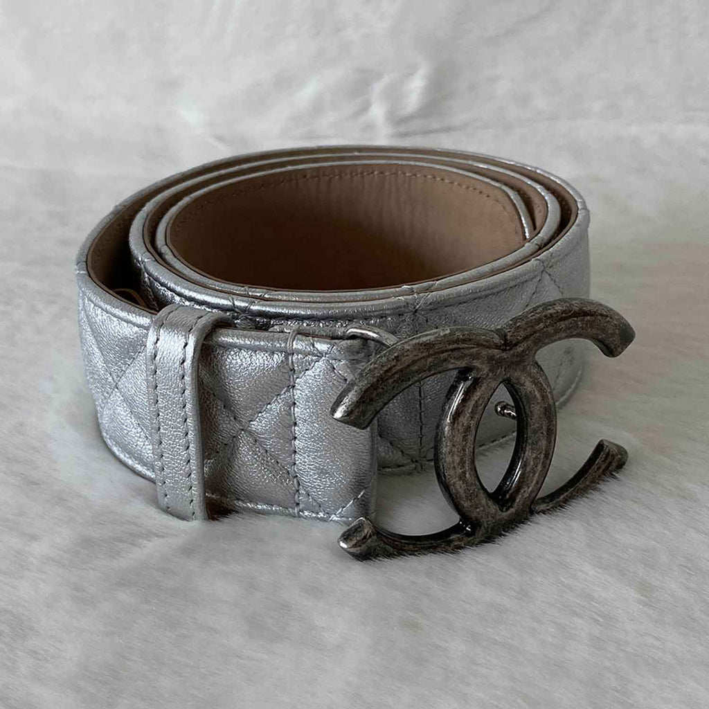 Shop authentic Chanel CC Logo Quilted Leather Belt at revogue for