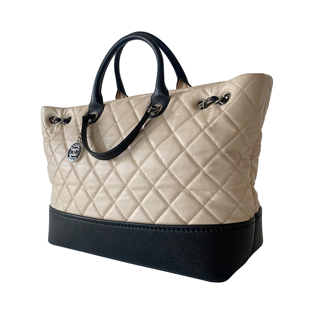 CHANEL QUILTED NYLON Chain Leather Logo Tote Shoulder Bag