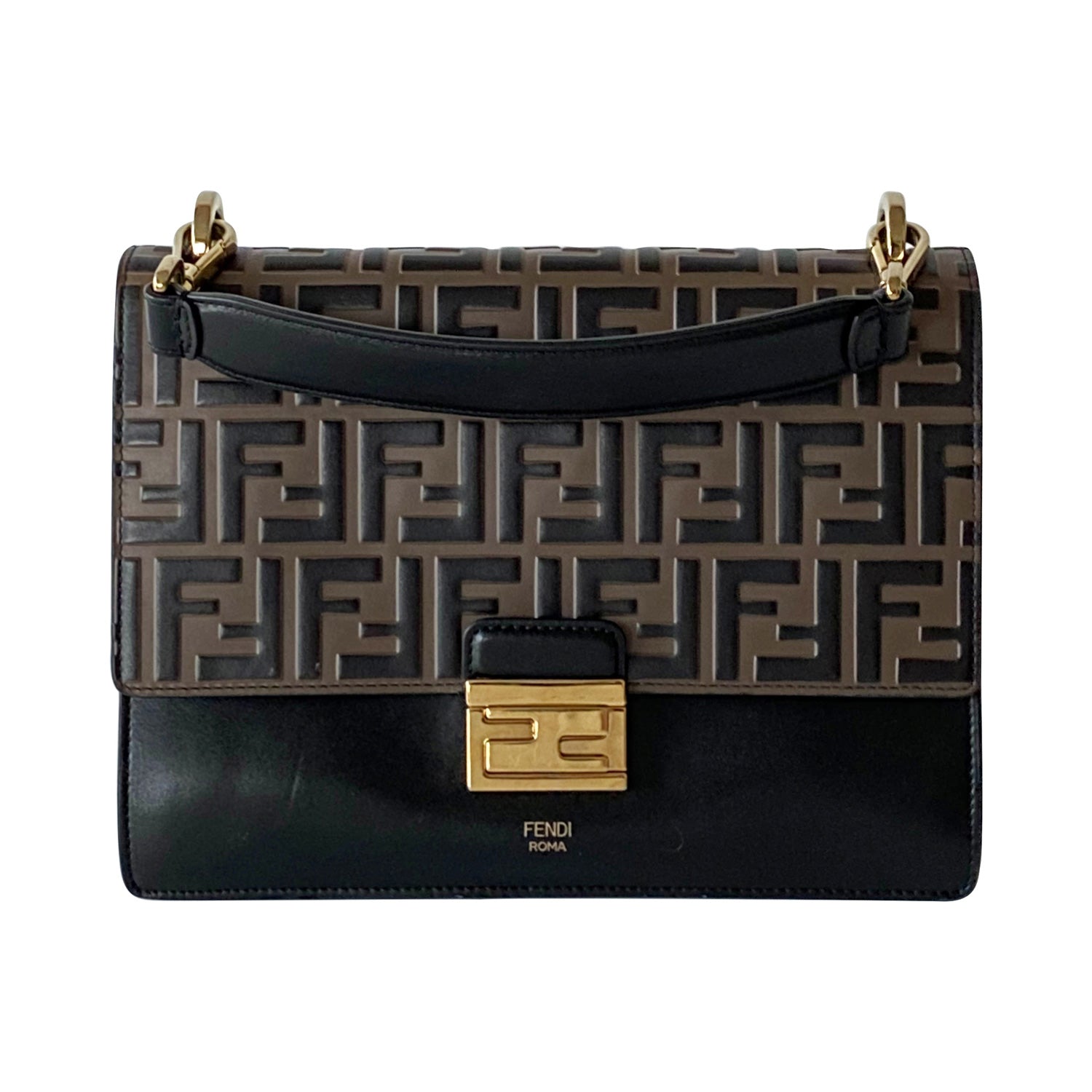 Fendi Shoulder Bag Kan U FF Monogram Motif Brown/Black in Calfskin Leather  with Gold-tone - US