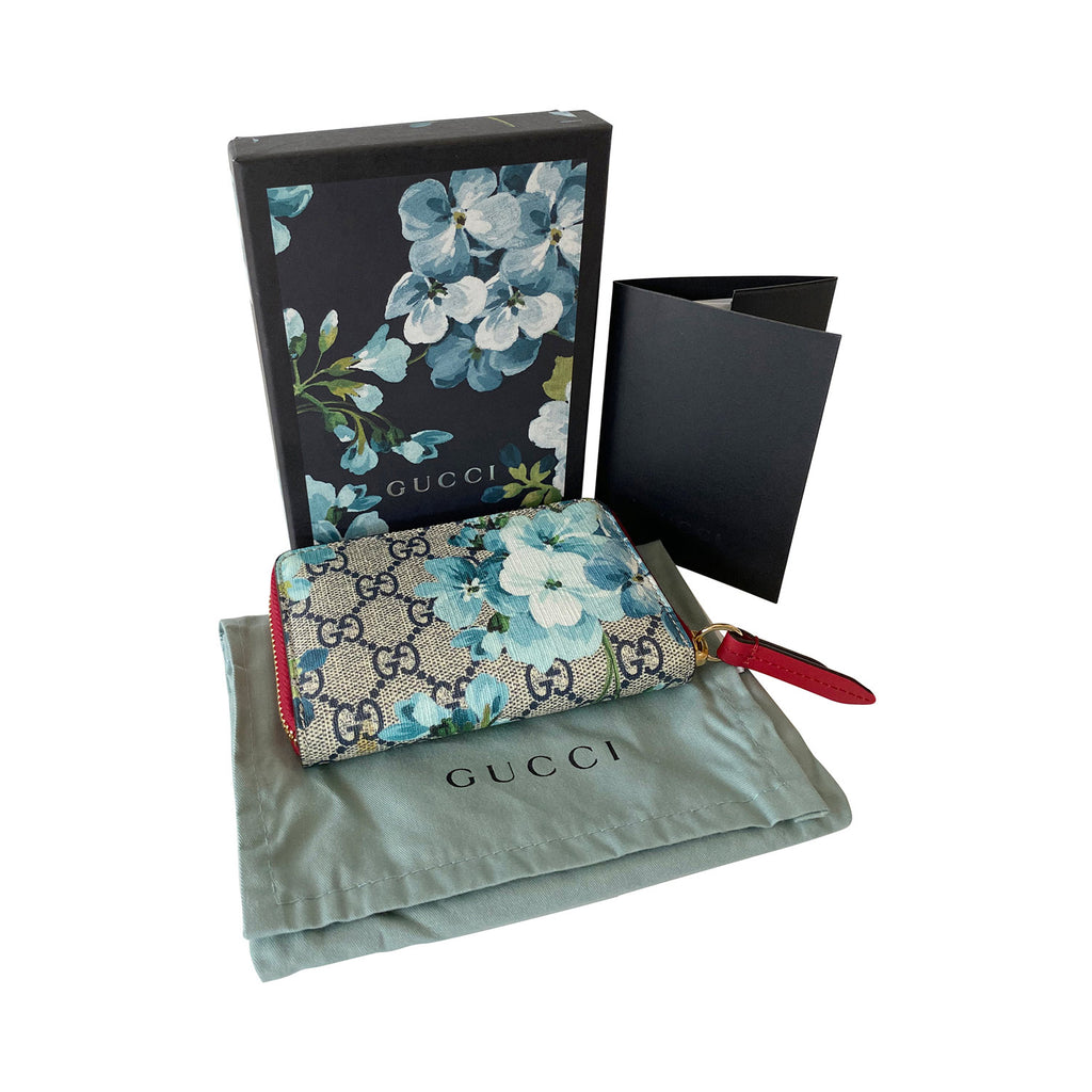 Gucci Blooms GG Supreme Brown Canvas Wallet Blossoms Blue Floral Box New