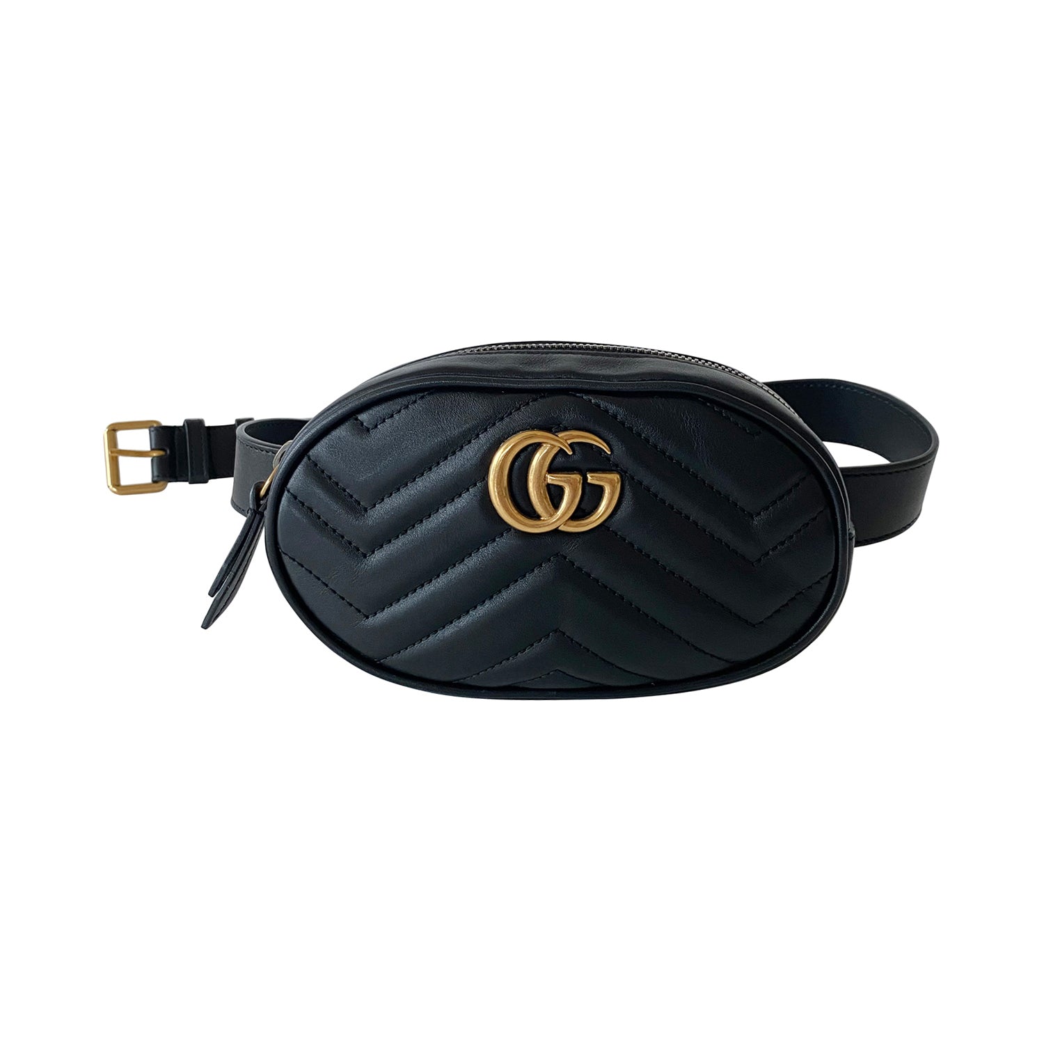 NWT Authentic Gucci Marmont Belt Bag Matelasse Chevron Black Leather Size  65/26