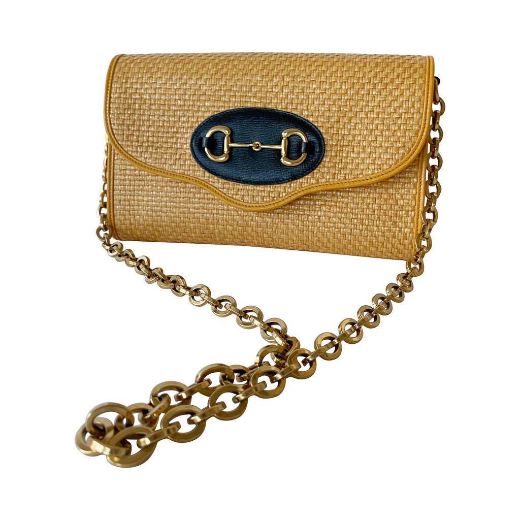 Auth Gucci Horsebit Chain Shoulder Bag Yellow/Black Straw/Leather - e54543a