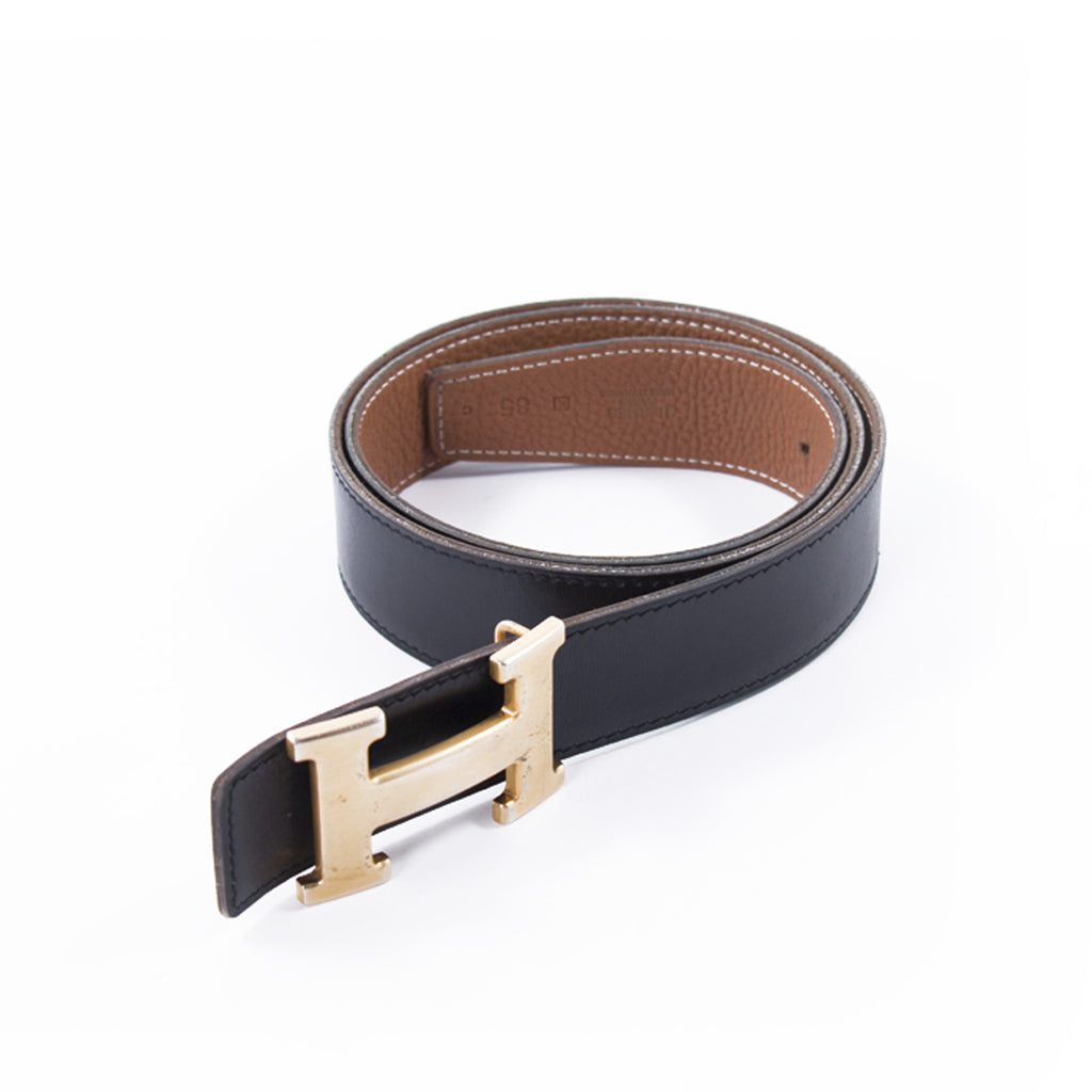 Hermes Reversible Belt Black/ Tan 65cm. Gold Buckle. Made in France.