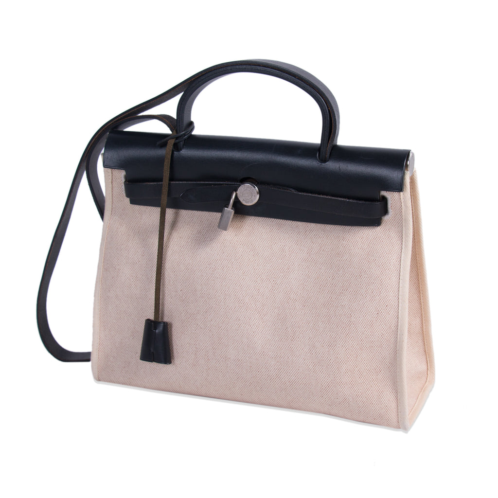 HERMES 'Herbag' bag in black, beige and off-white canvas - VALOIS VINTAGE  PARIS