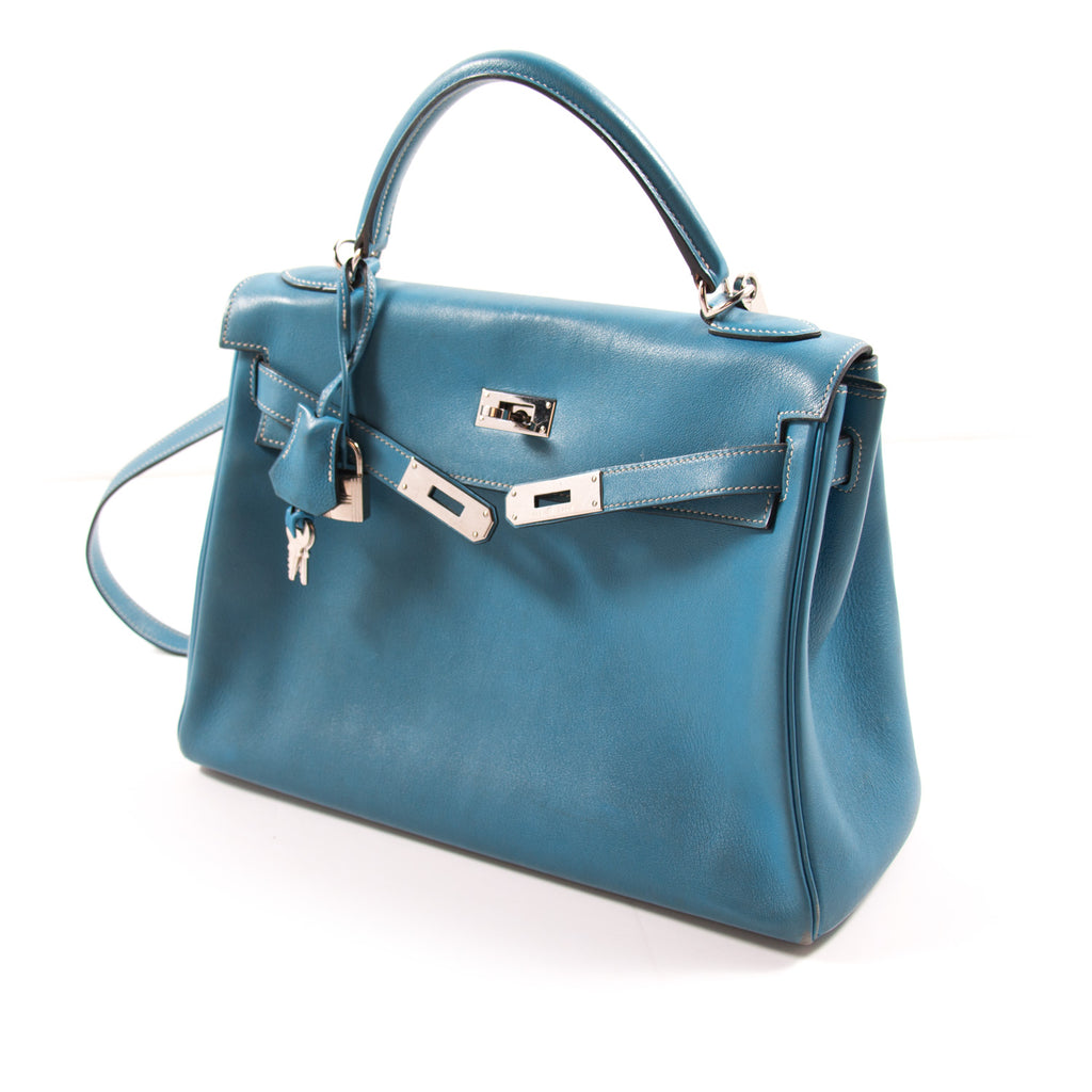 Hermès Bleu Jean Retourne Kelly 32cm of Togo Leather with Gold