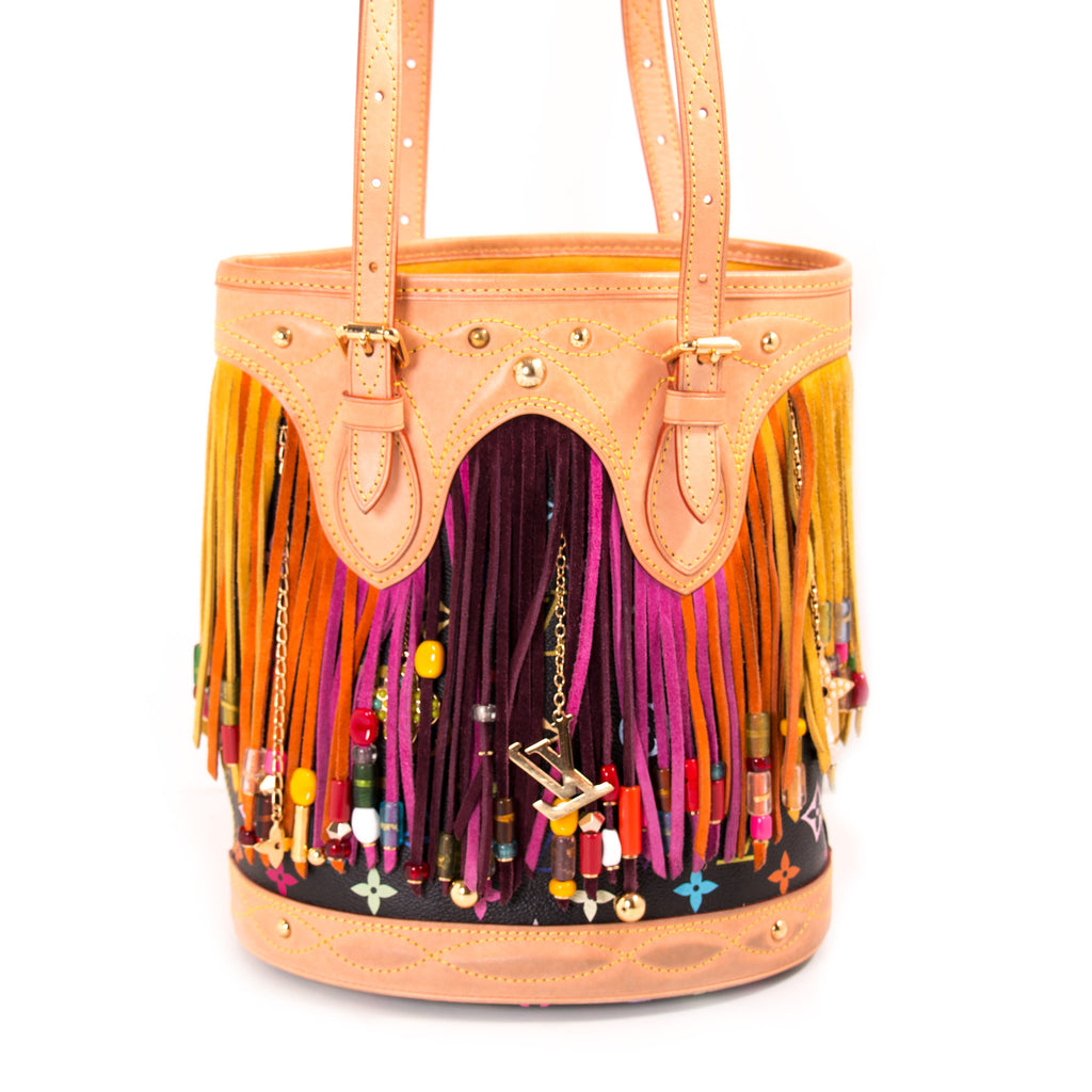 Louis Vuitton White Monogram Multi-color Fringe Bucket Bag with Pouch