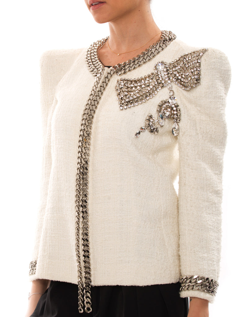 Balmain White Cotton Jacket With Metal Chain - revogue