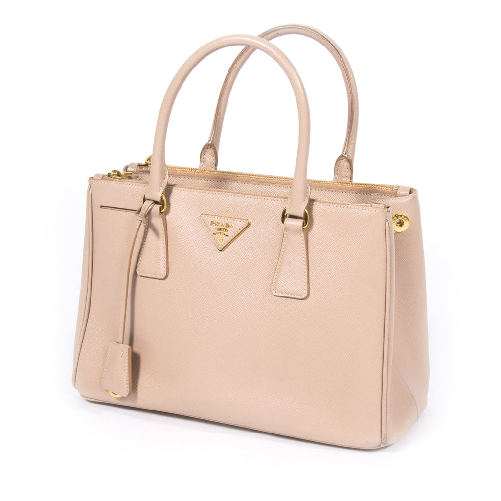 Prada Light Beige Saffiano Lux Leather Small Double Zip Tote at 1stDibs
