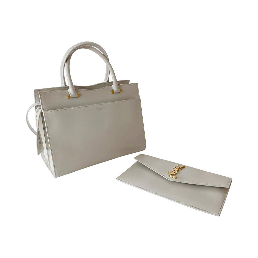 YSL White Grainy Uptown Tote Medium QTB2JL18W7000