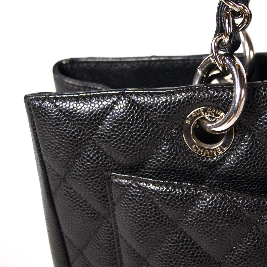 New Chanel Quilted Black Matelasse Silver Chain Grand Shopping Bag