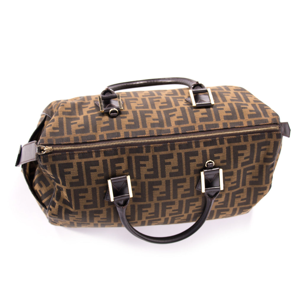 FENDI-Zucca-Print-Canvas-Leather-Boston-Bag-Khaki-Black-16327